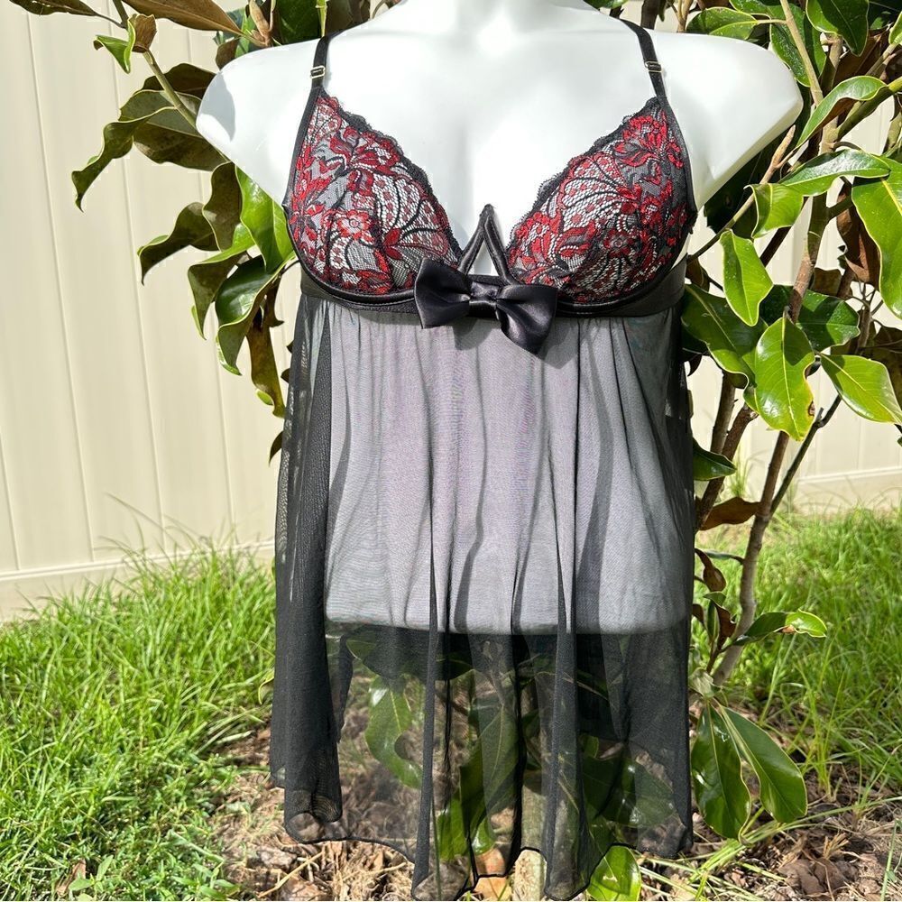 NWOT Yandy sheer black underwire chemise bow ribbon Sz S/M lingerie bondage